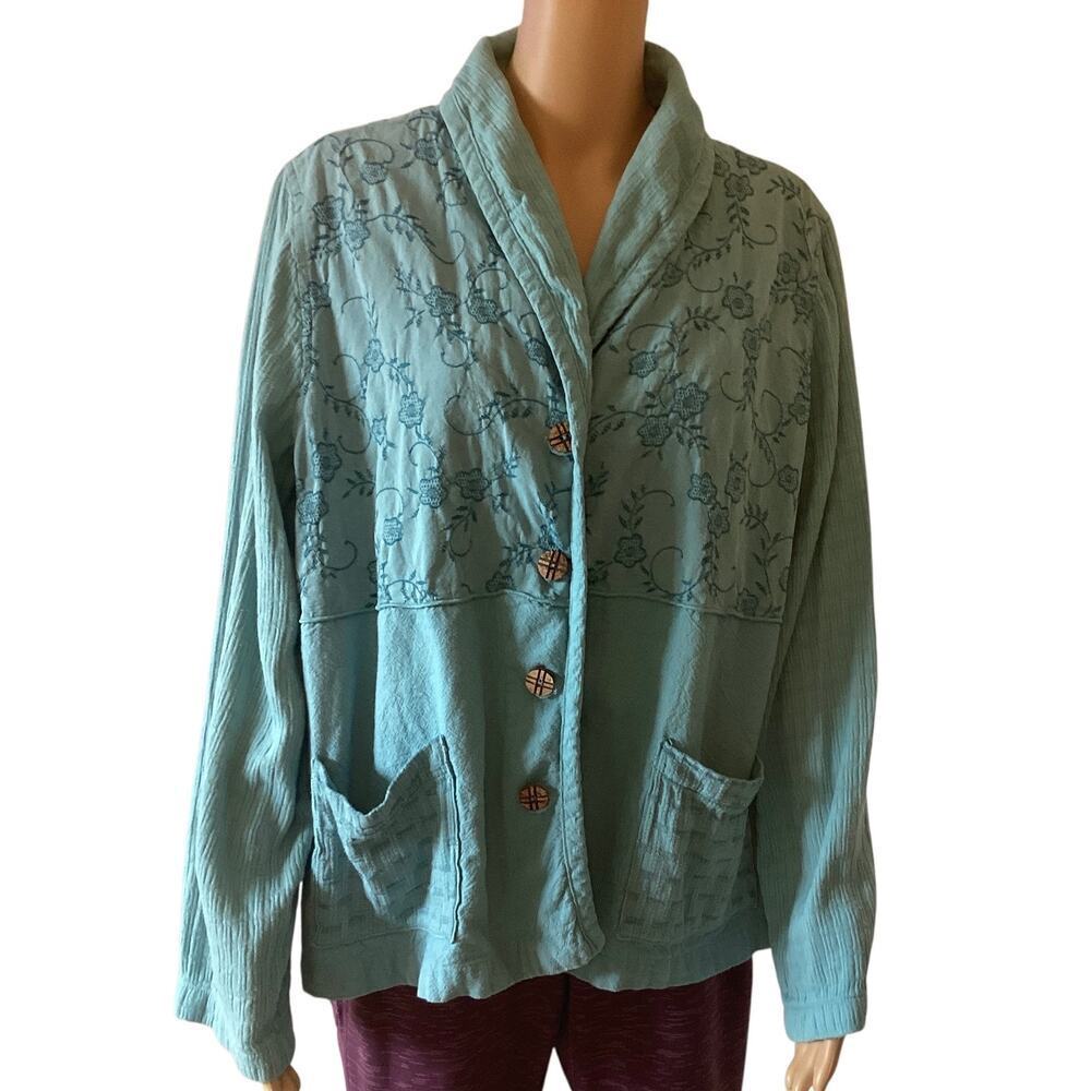 Vintage Cotton USA by George Hagopian collard neckline cardigan L blue